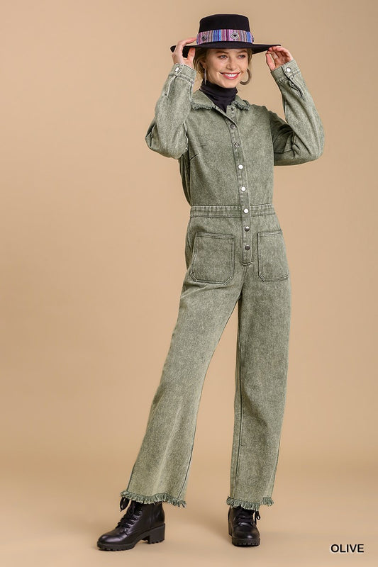 Mid button down stone wash wide leg distressed jumpsuit & side pockets with no lining