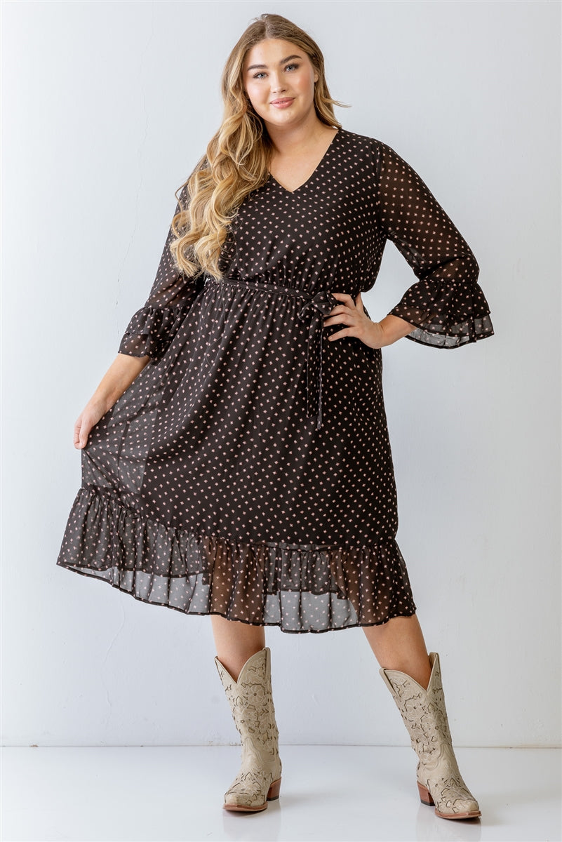 Plus Black Print Belted Flare Hem Midi Dress