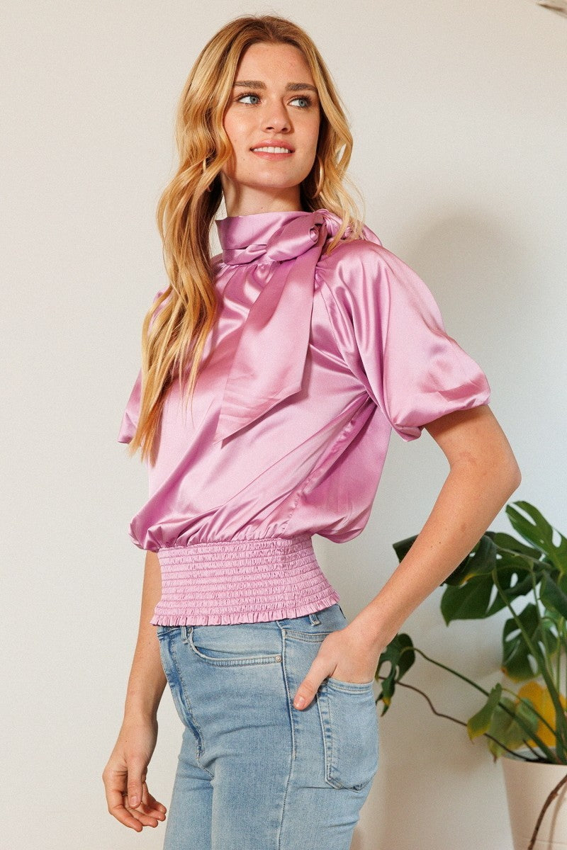 Waist Smocked Solid Satin Blouse